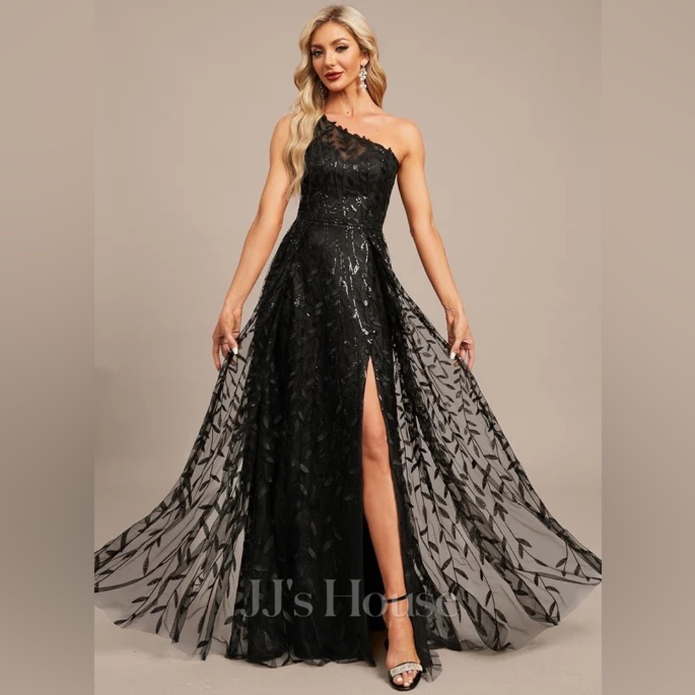 A-line One Shoulder Illusion Floor-Length Sequin Lace Evening Dress